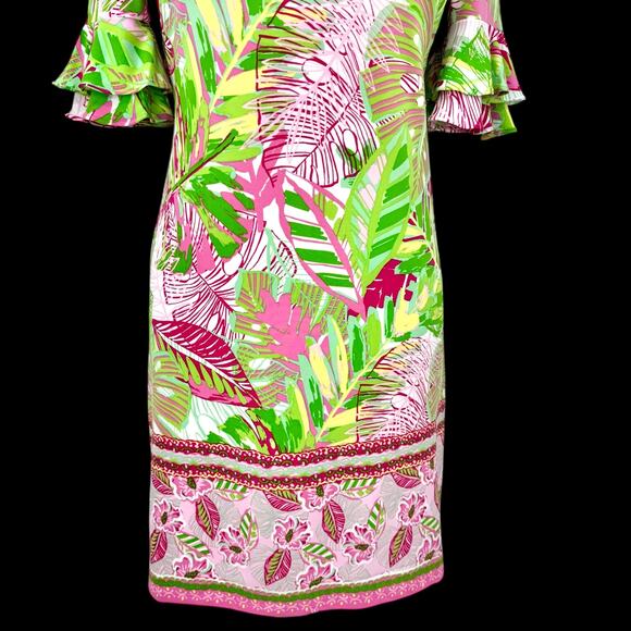 Pappagallo Tropical Double Flutter Sleeve Shift Dress Pink/Green Palm Leaf Small - Picture 5 of 14
